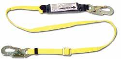 The shock absorbing device comes in the form of a pack on one end of the lanyard that attaches to the back D-ring on a full body harness.