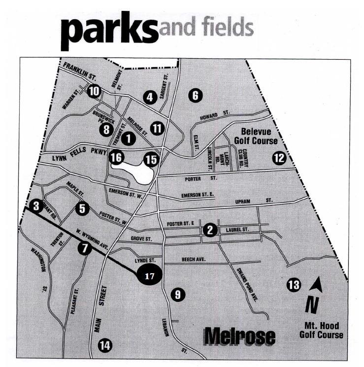 Park Locations Park Name Amenities Location 1. High School Athletic Complex Football, baseball, track Lynn Fells Pkwy 2. Common Park Tot lot, tennis, basketball Laurel & Foster St. 3.