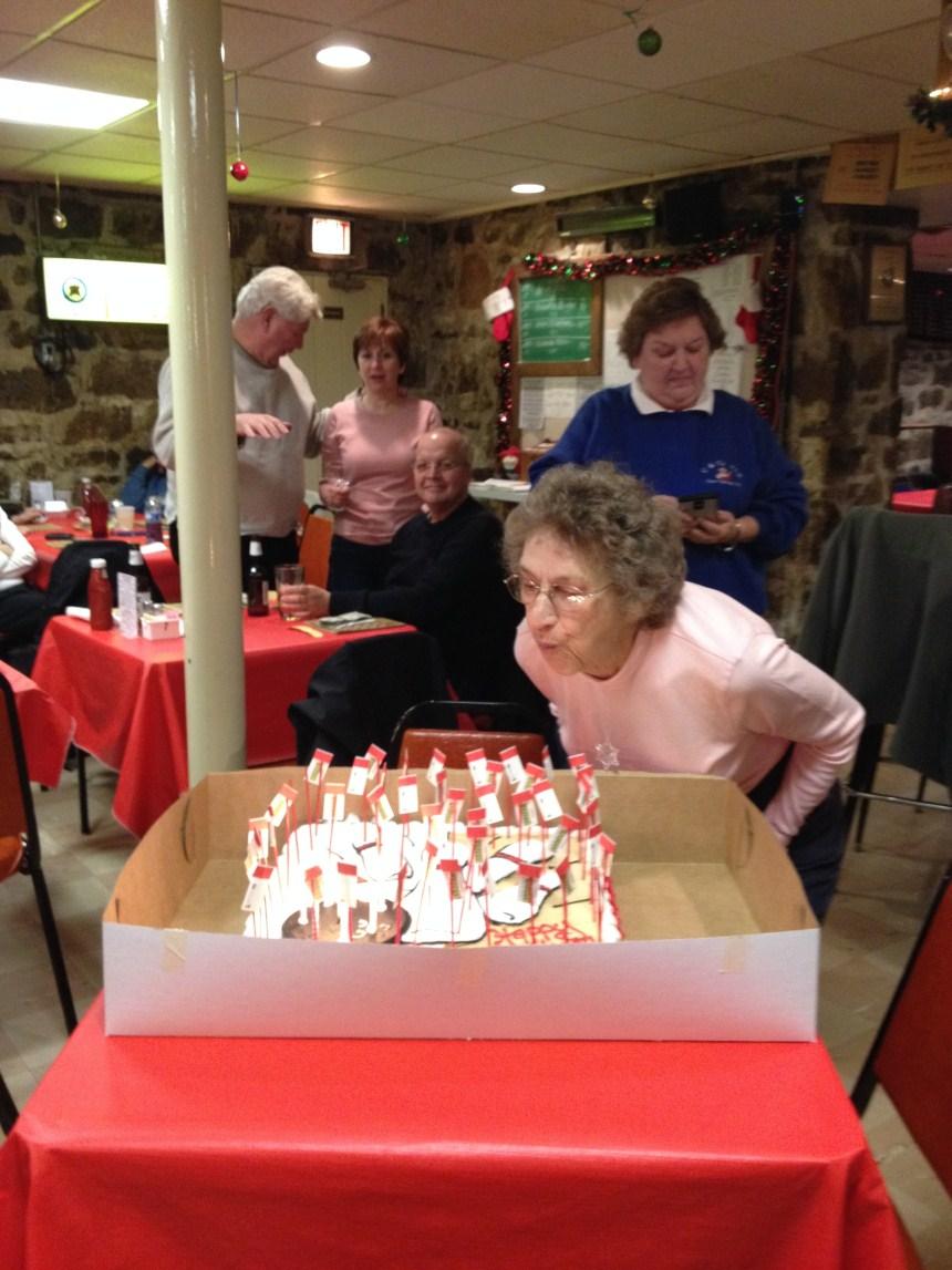 Members and guests celebrated Annabelle Kayser s birthday during Tuesday night Bingo by donating money towards tip jar tickets to decorate her cake.