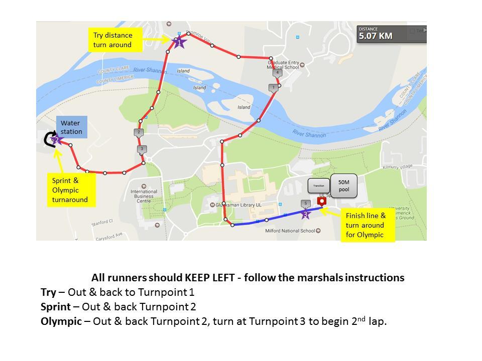 RUN SECTION: Novice Try-a-tri Sprint Distance Olympic Distance: 3km 5km 10km The run route will follow pedestrian pathways around UL.
