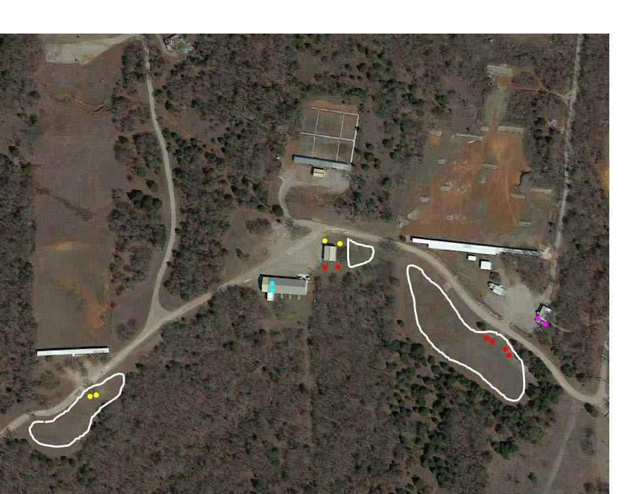 A guide to camping at the OKC Gun Club Range: RED DOTS are water / electric hookups YELLOW DOTS are electric-only hookups BLUE DOTS are shower and restroom facilities in the clubhouse PINK DOTS are