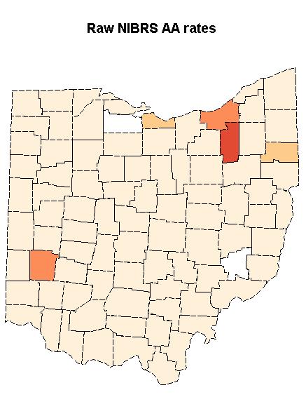Figure 5: Map of Ohio county-level crime rates, from NIBRS and from zero-inflated beta model The fitted rate