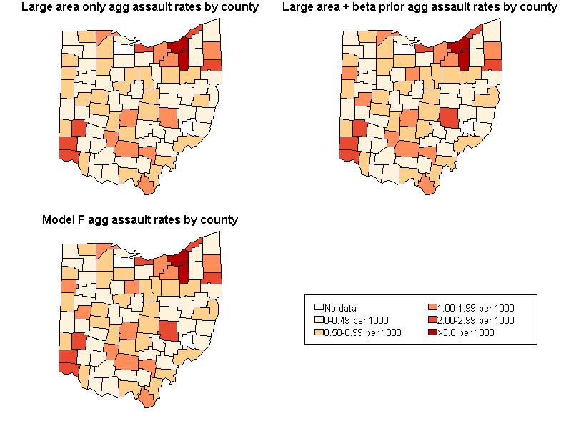Figure 27: Aggravated assault rates for Ohio counties, large area model, beta prior model, and Method F We find that of all the methods tested in this chapter, a method adapted from a hierarchical