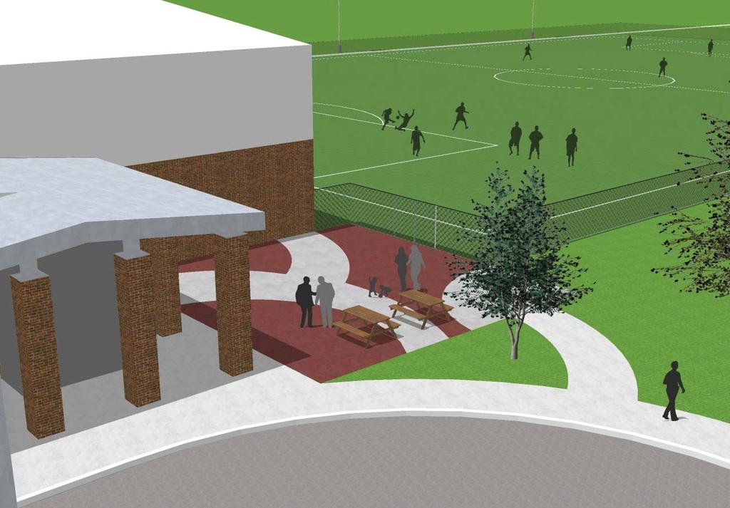 Pitts Center and artificial turf field, looking northwest *Renderings are