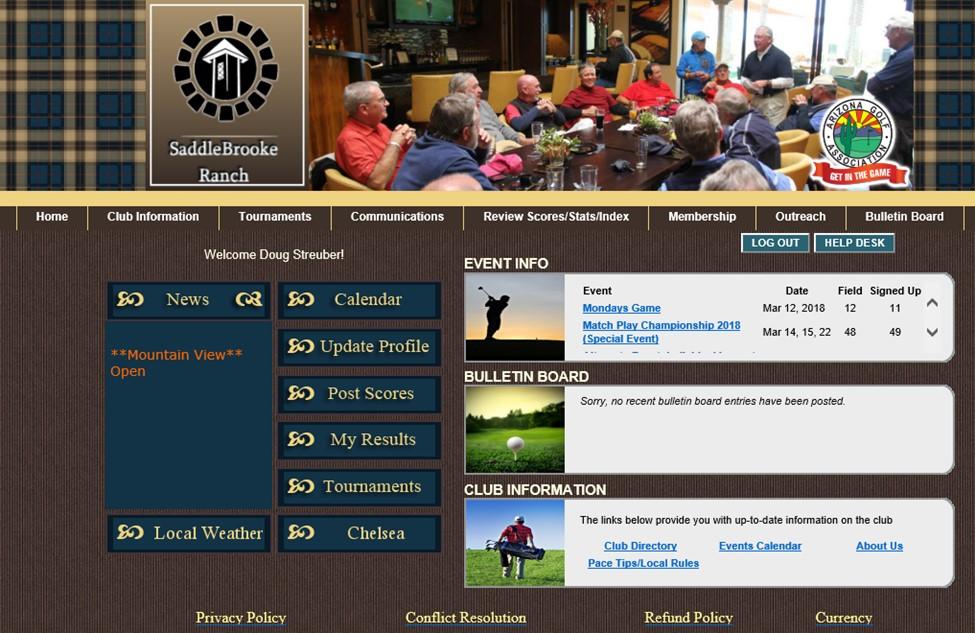 P A G E 3 SBRMGA AMAZING WEBSITE, CONTINUED The Club Information tab leads to course information and scorecards for SaddleBrooke Ranch, current and past Board members, a calendar of upcoming golf and