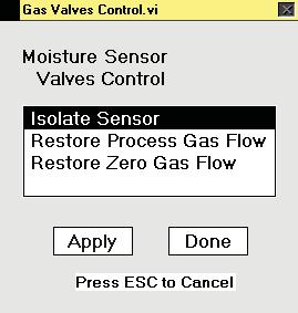 7.4.3.1 Gas Valves Control The moisture gas valves control screen as shown in Figure 21 is used to control the flow of gas through the moisture cell. Three options exist for gas valve control.