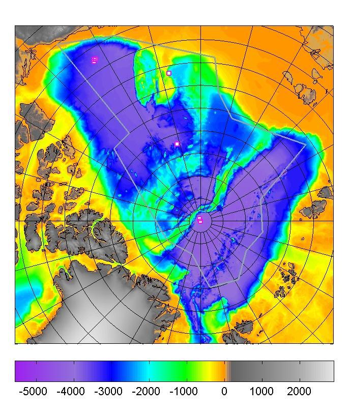 Figure 1. IBCAO bathymetric map of the Arctic Ocean showing location of the XCTDs deployed by the USS Connecticut (SSN 22) during ICEX 11 (Jakobsson et al., 2008).