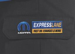 uniform lasts longer Stocked with Mopar Express Lane logo on left sleeve and Omega M at center back yoke Left Sleeve Logo Center Back Logo MOPAR EXPRESS