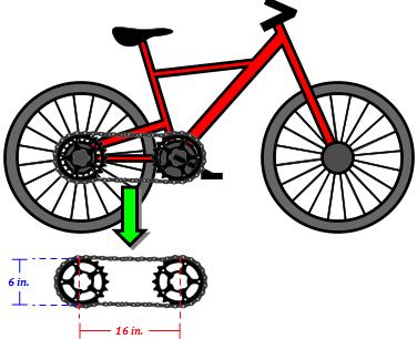 The bike shown at the right uses two sprocket gears that are 6 inch in diameter connected by a chain.