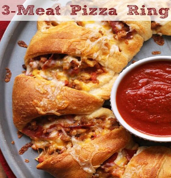 Drain grease off. Stir in 1/2 c. pizza sauce, pepperoni, Canadian bacon and 1 c. pizza cheese. 3. Unroll crescent dough and separate into triangles.