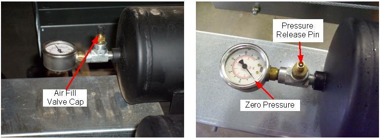 air pressure. Using a small screw driver, carefully press inward on the fill valve pressure release pin.