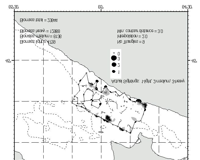 Figure 4. Vessel tracks and distribution of herring for the August 14, 2000 Scots Bay survey. Data for both recording and non-recording vessels are presented.