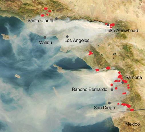 During October, 2003, massive wildfires driven by strong Santa Ana winds swept through Southern California.