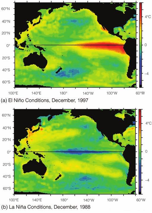 206 Chapter 7 Atmospheric Circulations FIGURE 7.38 (a) Average sea surface temperature departures from normal as measured by satellite.
