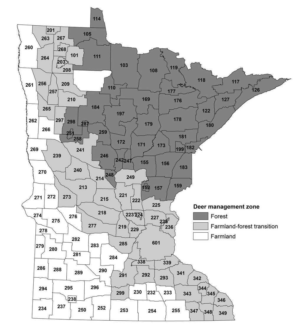 Figure 2. Deer permit areas (DPAs) in Minnesota and deer management zones used to describe deer population and harvest trends, 2016.
