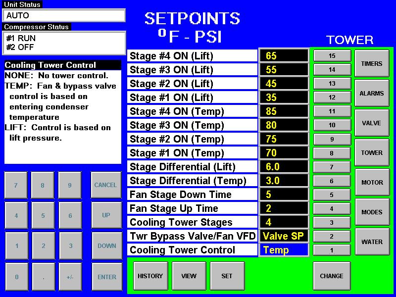 Cooling TOWER Fan Settings Figure 22, Cooling TOWER Fan Setpoint Screen (See page 46 for complete explanation.) Table 21, Tower Fan Settings Description No.