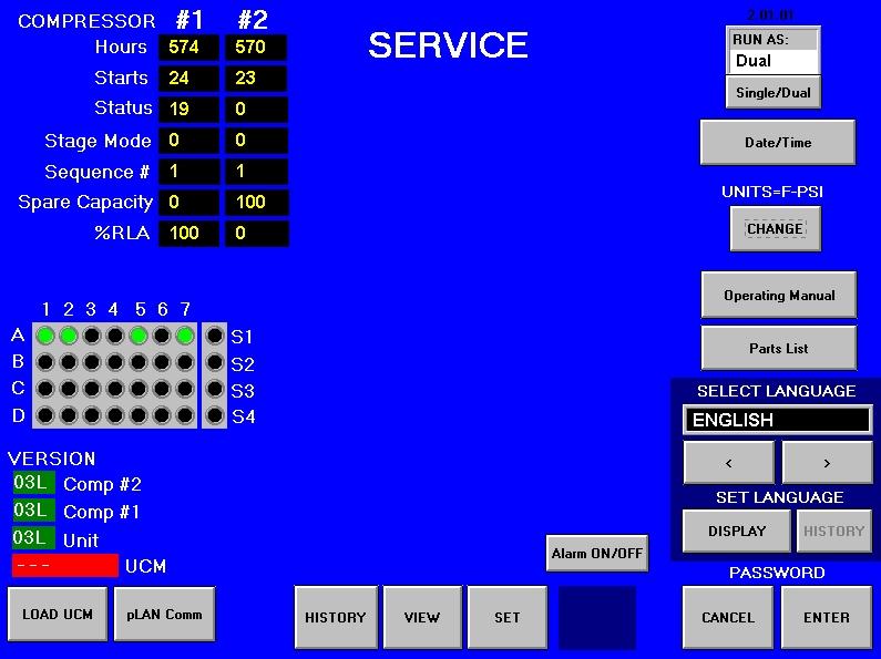 SERVICE Screen Figure 27, Service Screen Active plan Nodes The SERVICE screen is accessed by pressing SET from any SET screen. In other words, it is the second "SET" screen.