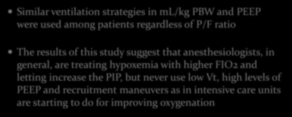 Conclusions Similar ventilation strategies in ml/kg PBW and PEEP were used among patients regardless of P/F ratio The results of this study suggest that anesthesiologists, in general, are treating