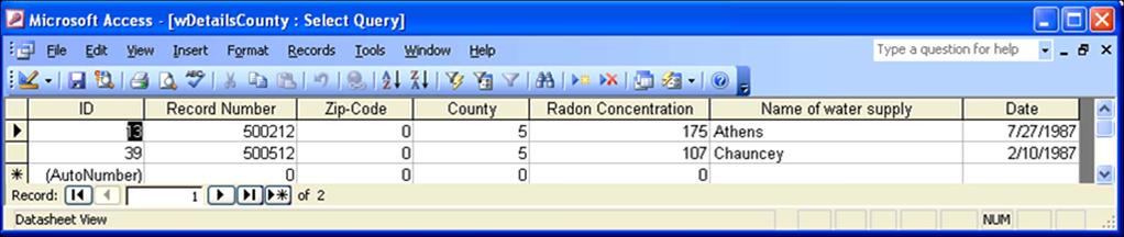 5) Counties with GM of radon gas concentration > 8 pci/l: This query lists all the counties with GM of radon gas concentration greater than 8 pci/l.