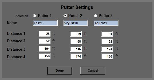 can be toggled by pressing the Putter button multiple times. The ruler than will be updated with the next distance. ShotHelper is to be able to configure and use three different putters.