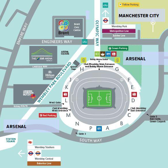 Parking at Wembley Stadium Manchester City has been allocated the west side of the stadium, with parking in Yellow Car Park.