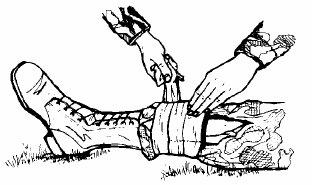 Figure 5-6. Wrapping the first tail around the injured limb. (Note: The second tail is held in the palm of the hand holding the dressing in place.) Figure 5-7.