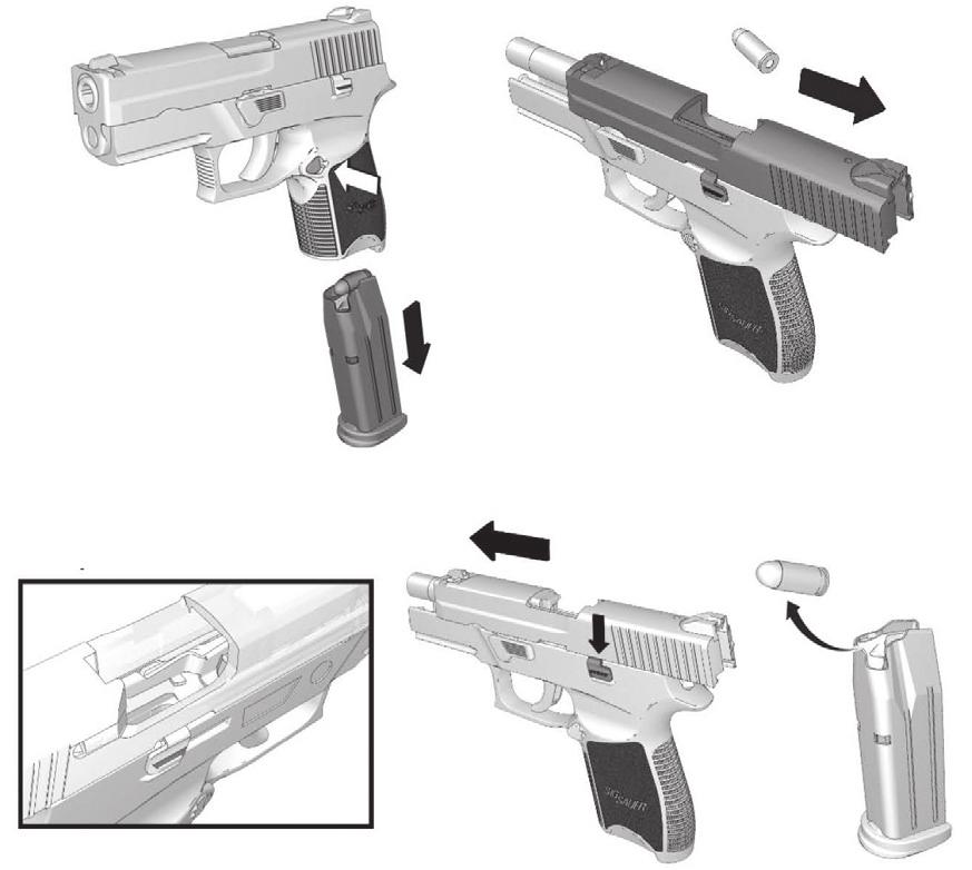 Visually and manually check the chamber to ensure the pistol is completely free of ammunition. 5. Depress the slide catch lever, causing the slide to close. 6.