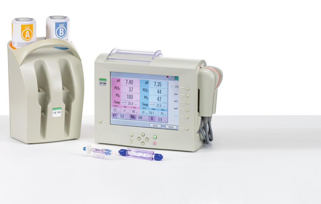 The CDI System 500 measures or calculates ph, pco2, po2, K +, temperature, SO2, hematocrit, hemoglobin, base excess, bicarbonate, and oxygen consumption Monitor Modular probes allow user to configure