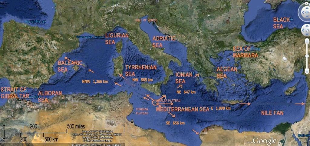 Figure 1. Mediterranean basin and its seas, averaging 3700 km 6 1785 km; source: Google Earth, with indication of shallow and deep seas in the Mediterranean.