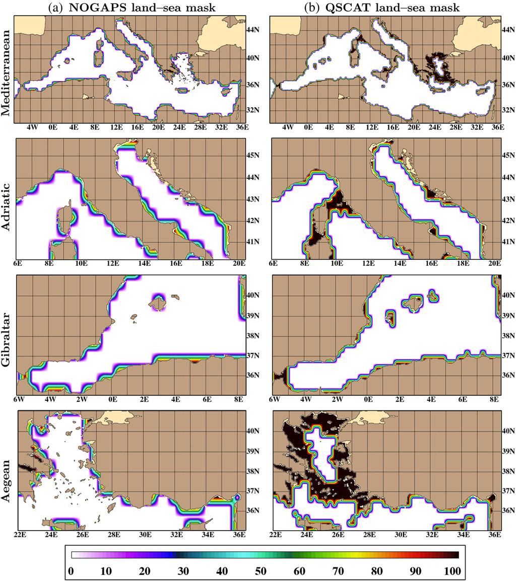 A.B. Kara et al. / Journal of Marine Systems 78 (2009) S119 S131 S123 Fig. 4. Land sea mask values from (a) NOGAPS and (b) QSCAT.