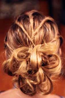 Next, take the last two sections from the right side, twist each one back and cross over to the left side of ponytail. Wrap around, and pin in place. Hair spray to set.