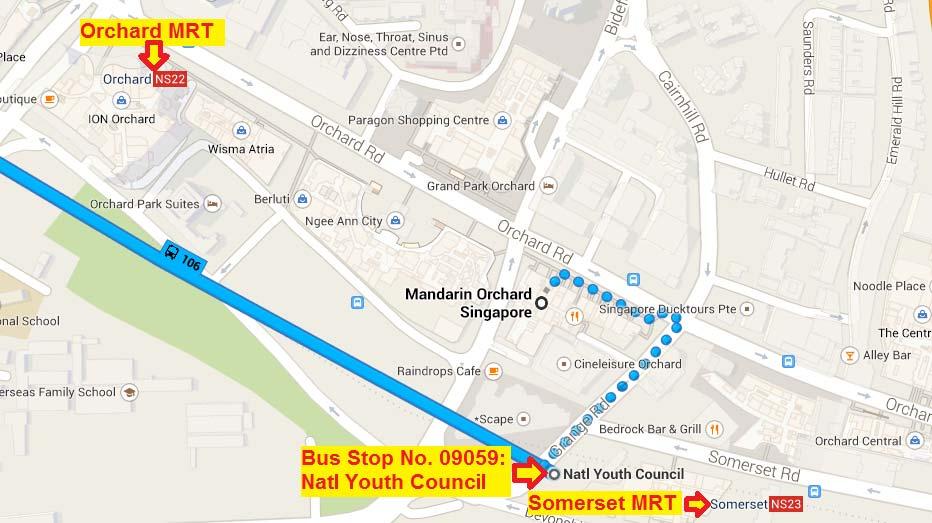 FROM MANDARIN ORCHARD SINGAPORE - BY PUBLIC TRANSPORT Grange Road By Congress Shuttle Bus on Orchard Road every morning By bus: Walk along Orchard Road towards Grange Road and turn right.