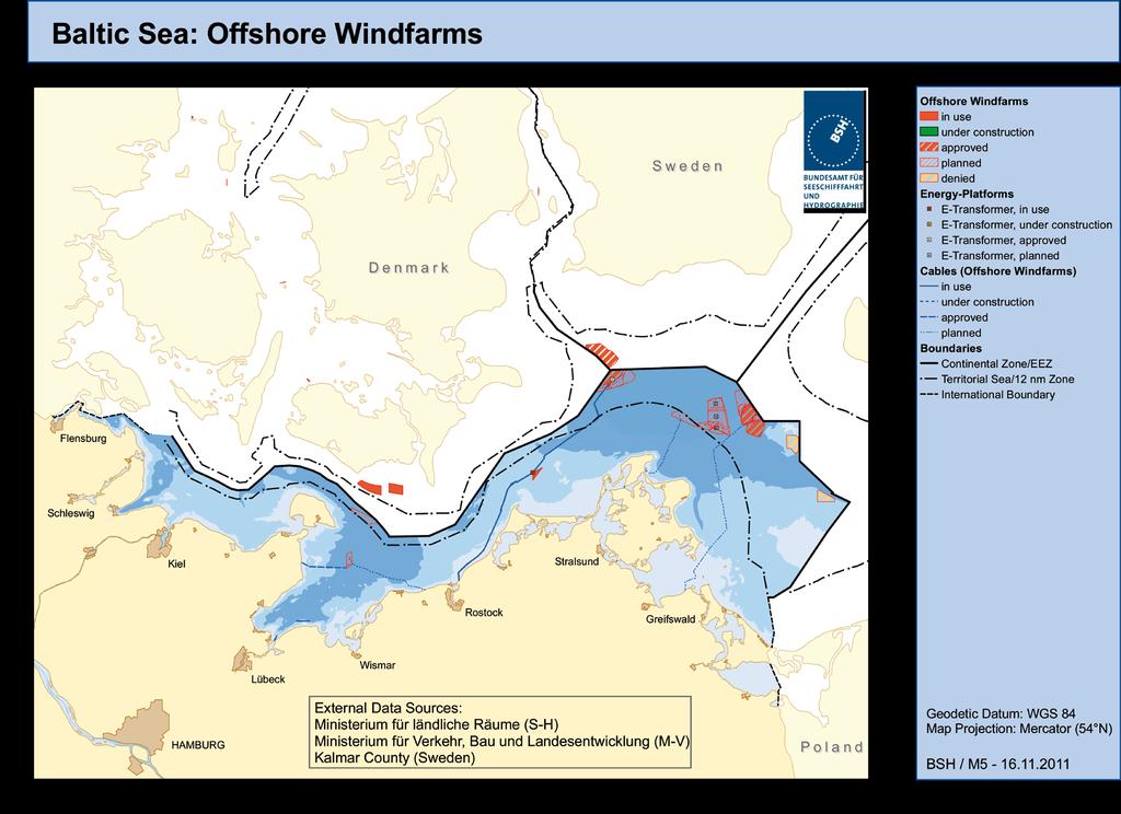 Fig. 2: Planned offshore wind farms in the Baltic Sea (Source: Federal Maritime and Hydrographic Agency) Additional services Besides the classical energy yield calculations, DEWI offers a number of