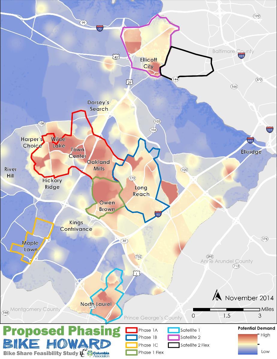 has the potential to support a system of 36 stations and 360 bicycles broken into seven phasing areas. Table 1 - Proposed Phasing Area (Sq. mi. Stations Stations (Sq. mi.) Bicycles Docks Year Phase 1A 6.
