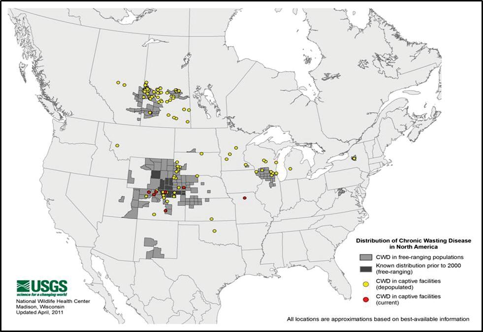 Distribution of Chronic Wasting Disease in North America, April 2011. Ecological Impacts to Deer and Deer Populations CWD is a highly contagious disease that is always fatal.