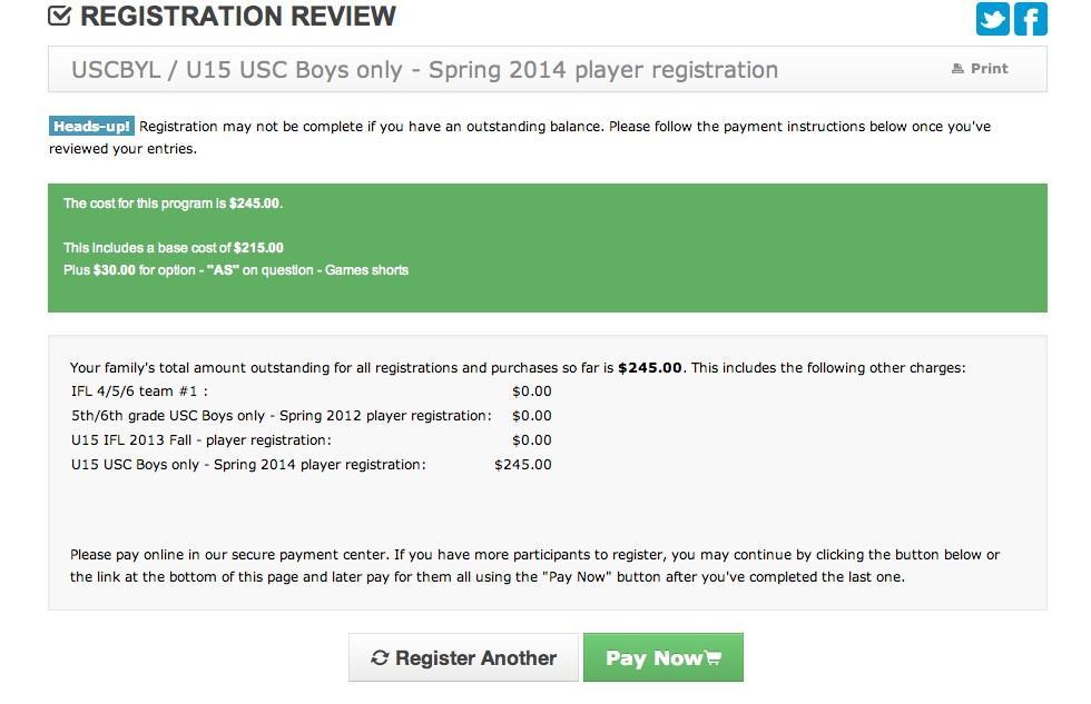 )Registration review page, click Pay Now to pay online