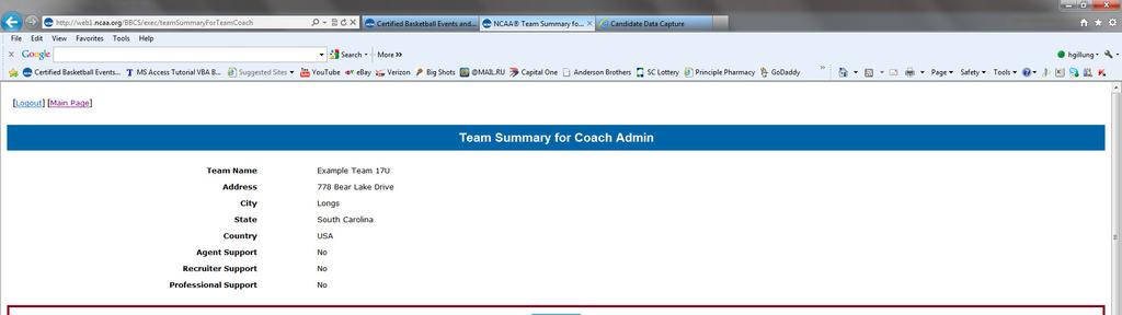 After saving your newly created team you will be re-directed to the Team Summary for Coach Admin page.