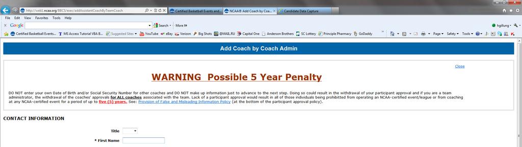 After clicking on the Add Coach button you will be re-directed to the Add Coach by Coach Admin page.