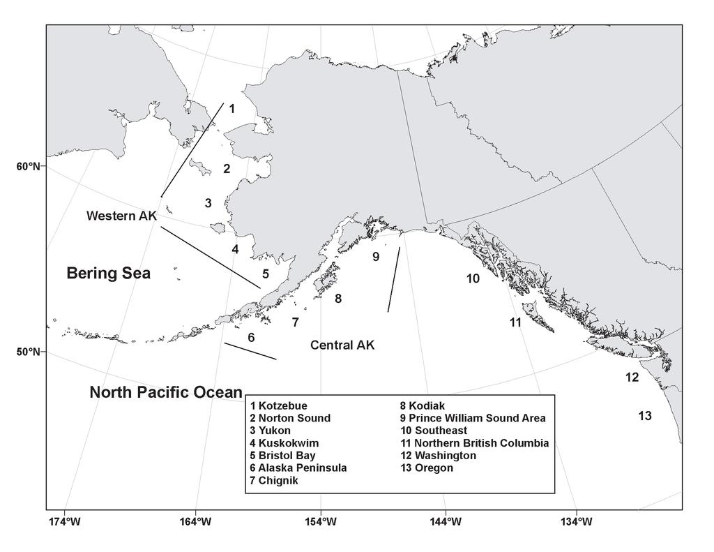 Factors affecting body size of salmon NPAFC Bulletin No. Fig.. Locations of salmon populations examined for changes in body size over time.