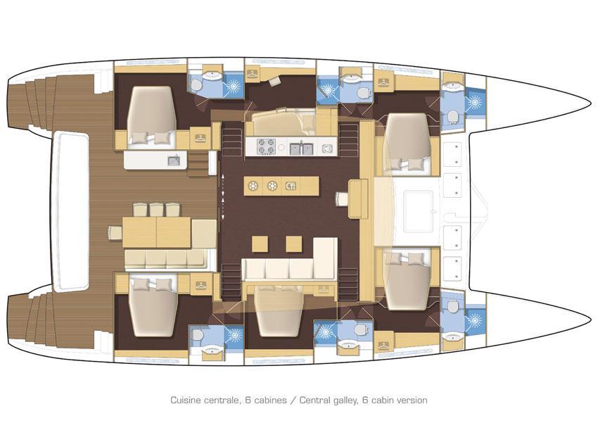 6 CABINS CENTRALE GALLEY SALON 3 under floor lockers Storage cupboards 4 opening hatches on the front windows Companionway steps port and starboard against coachouse bulkhead Companionway steps port