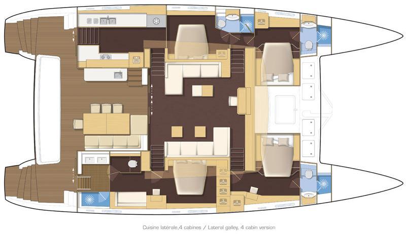 4 CABINES LATERAL GALLEY SALON 3 under floor lockers Storage cupboards 4 opening hatches on the front windows Companionway steps port and starboard against coachouse bulkhead Companionway steps port