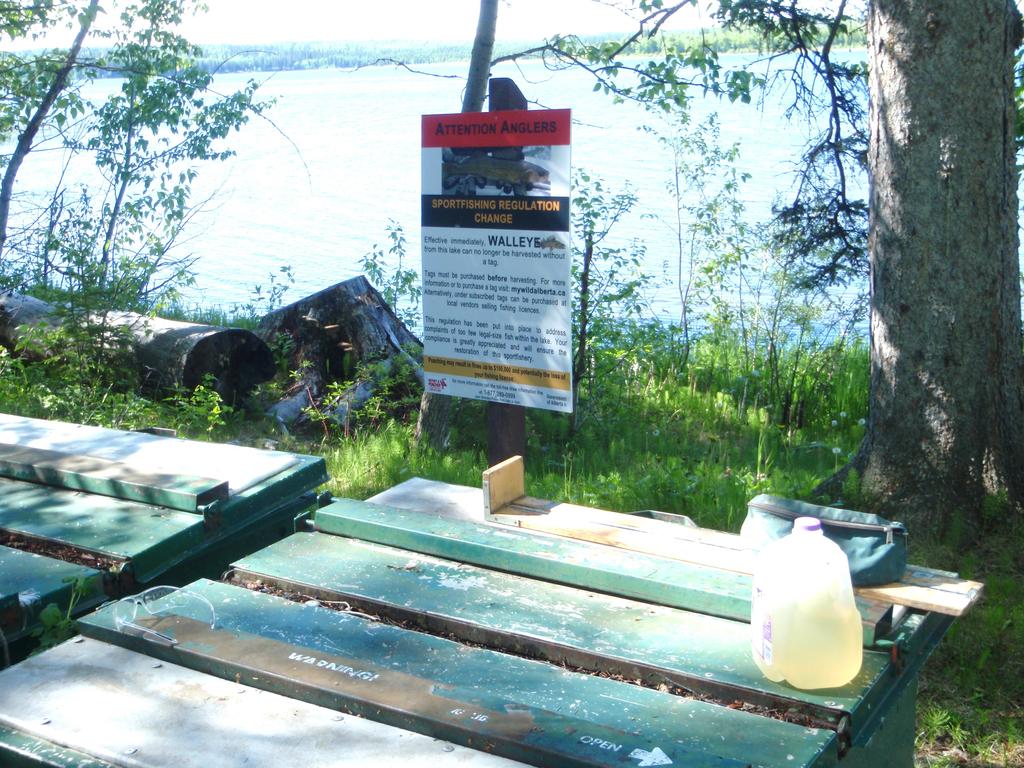 Cleaning table and sign notifying anglers of the regulation change at Smoke Lake,