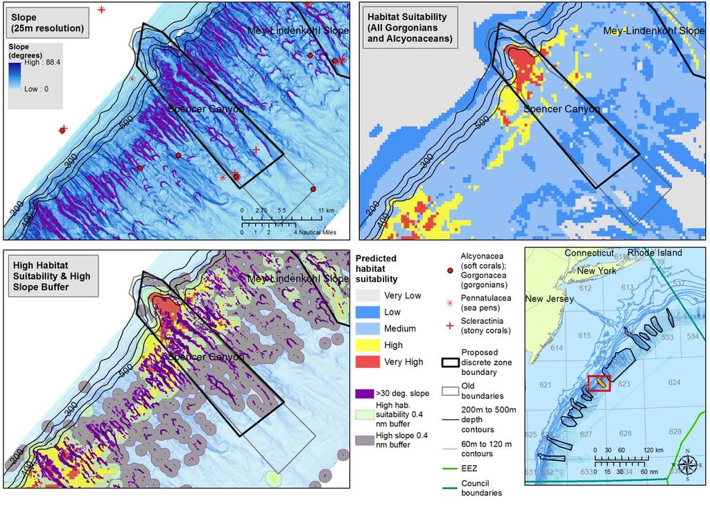 Figure 13: Spencer Canyon areas of high slope, deep sea coral habitat