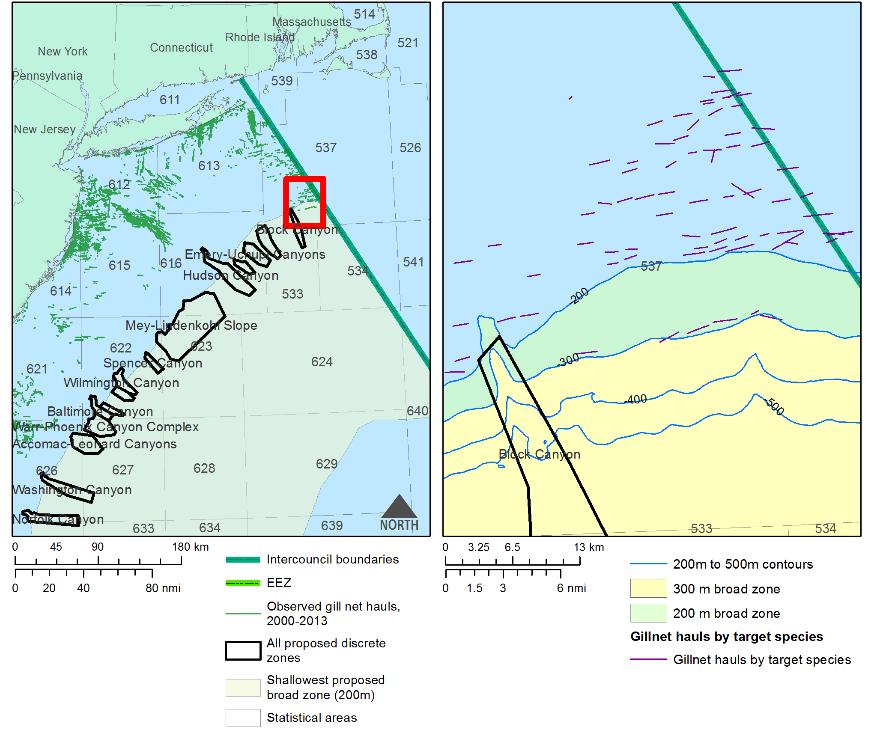 Figure 20: NEFOP observer hauls for gillnet gear in the mid-atlantic, 2000-2013, and area of intersection with proposed MAFMC broad coral zones.