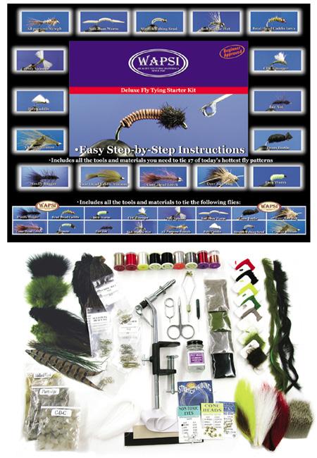 The Deluxe Fly Tying Starter Kit starts off with a solid starter vise with a fixed angle head and a materials spring clip.