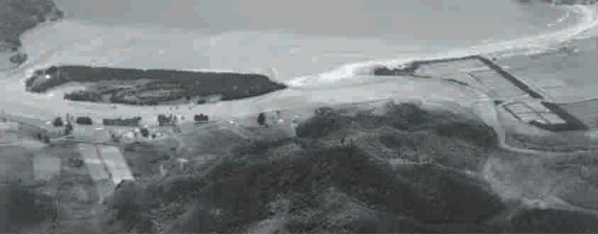 Figure 4: Example of spit breach. Aerial view of Kennedy Bay sand spit taken in 1982 showing a second entrance (arrow) formed by a spit breach.