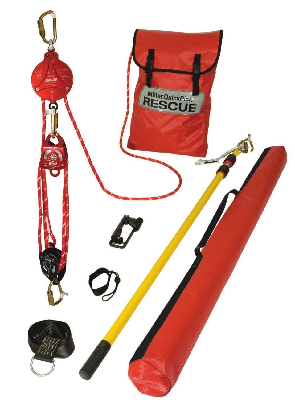 SafEscape Wind Energy Kit includes Miller SafEscape ELITE RDD with hoisting wheel and ladder bracket, T-bar, edge protector, 3 anchor slings, 3 carabiners, pulley, adjustable rope anchor, rescue rope