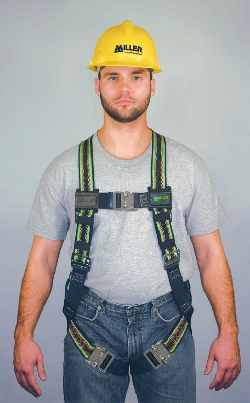 BODY WEAR Miller DuraFlex Python Ultra Harness Cushioned tubular webbing in the shoulder straps minimizes discomfort when required to wear a tool belt; patented DuraFlex stretchable webbing in the