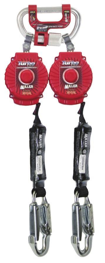 61 m) or less of lifeline extends out of the housing when the unit is fully retracted The Miller Turbo T-BAK Fall Protection System easily adapts two units for 100% tie-off fall protection Rated for