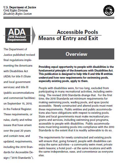 DOJ Technical Assistance QUESTIONS AND ANSWERS: ACCESSIBILITY REQUIREMENTS FOR EXISTING SWIMMING POOLS AT HOTELS AND OTHER PUBLIC ACCOMMODATIONS Topics
